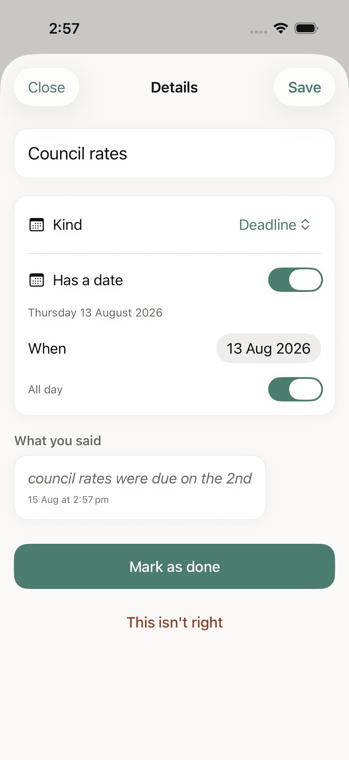 Snib's detail screen for a council rates bill, showing the kind, the date, the original capture text, and a Mark as done button.