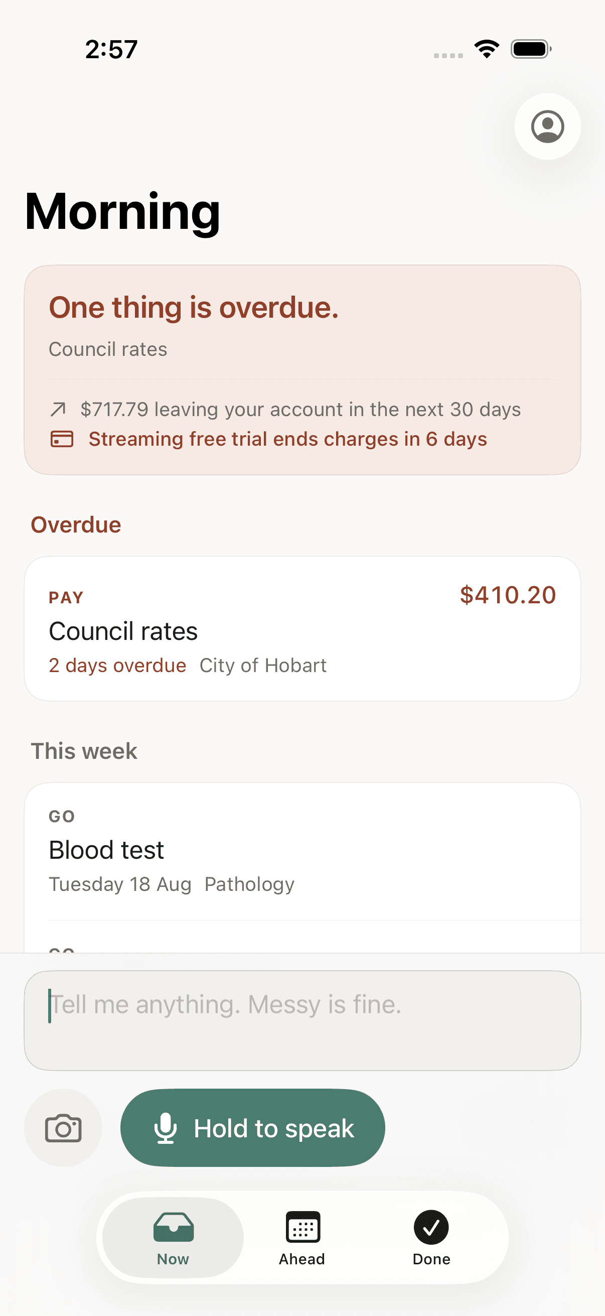 The Snib home screen on an iPhone, showing an overdue council rates bill of $410.20, a blood test on Tuesday, and the capture box reading Tell me anything. Messy is fine.